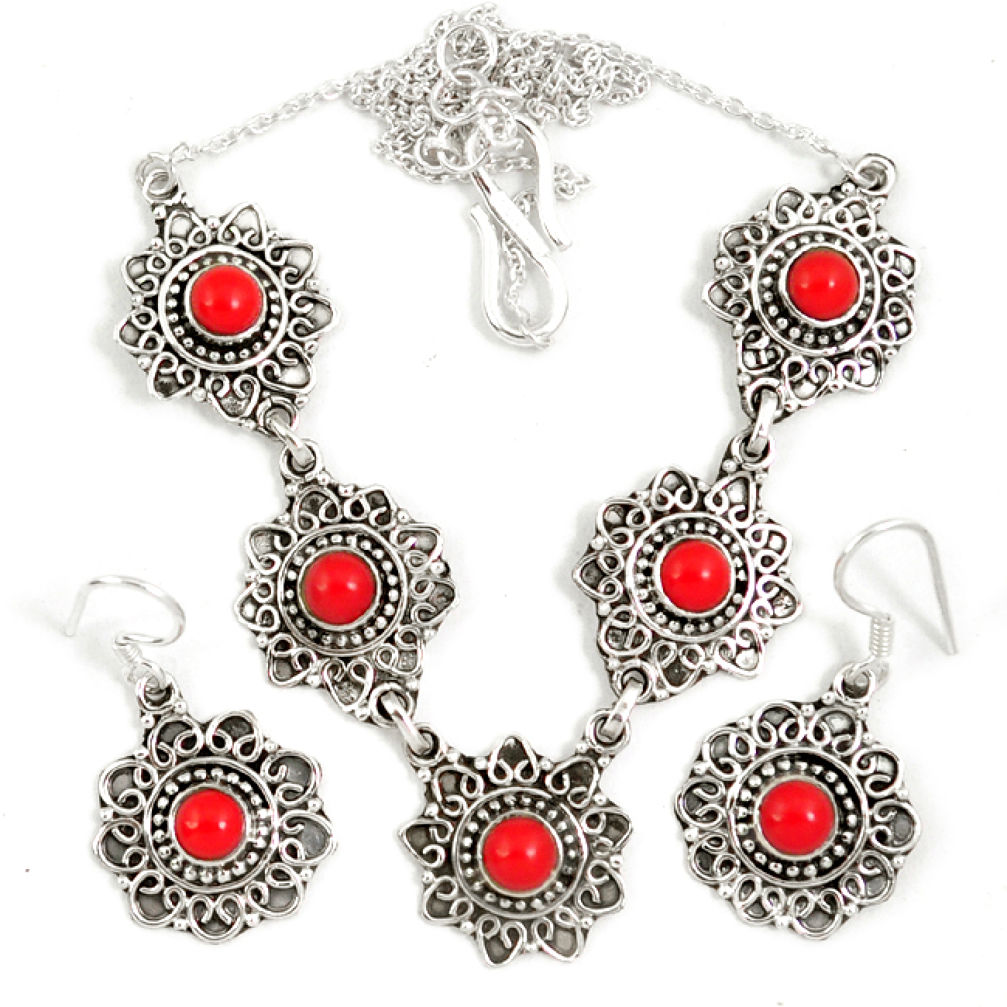 Red coral round shape 925 sterling silver earrings necklace set jewelry j9511