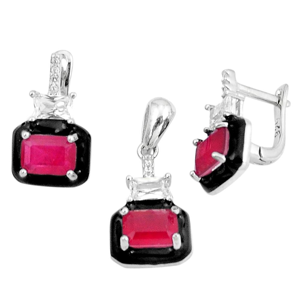 5.83cts red ruby (lab) topaz enamel silver pendant earrings set a87724 c24907