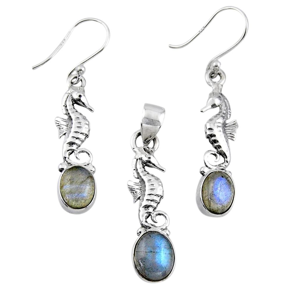 Silver 5.79cts natural blue labradorite seahorse pendant earrings set r55730