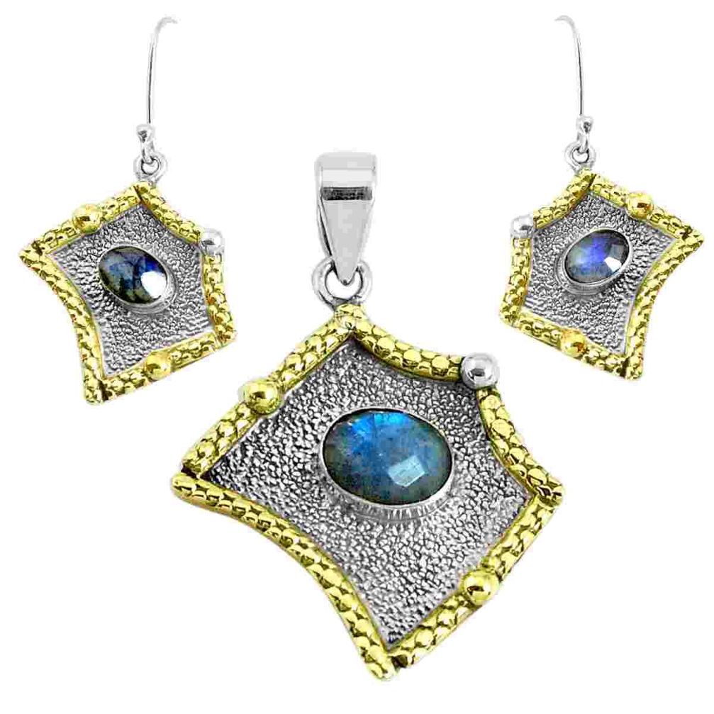 Victorian natural blue labradorite silver two tone pendant earrings set p44693