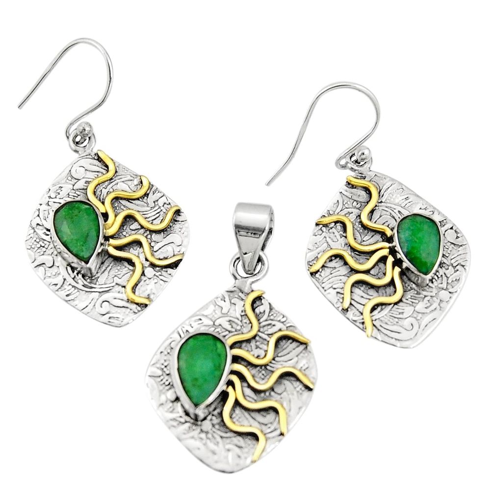 6.42cts victorian natural emerald silver two tone pendant earrings set r20993