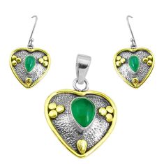 Victorian natural green chalcedony silver two tone pendant earrings set p44624