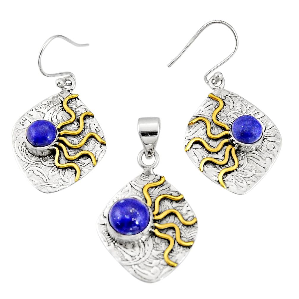 Victorian natural lapis lazuli 925 silver two tone pendant earrings set r20991