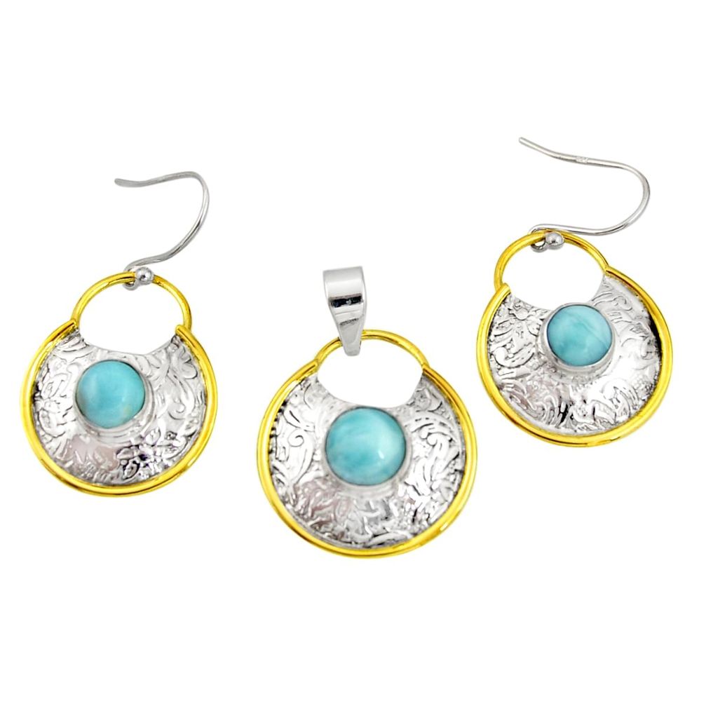 6.20cts victorian natural larimar silver two tone pendant earrings set r20957
