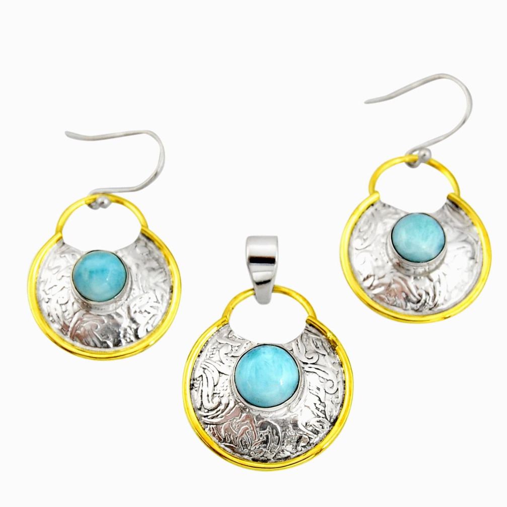 6.36cts victorian natural larimar silver two tone pendant earrings set r20959