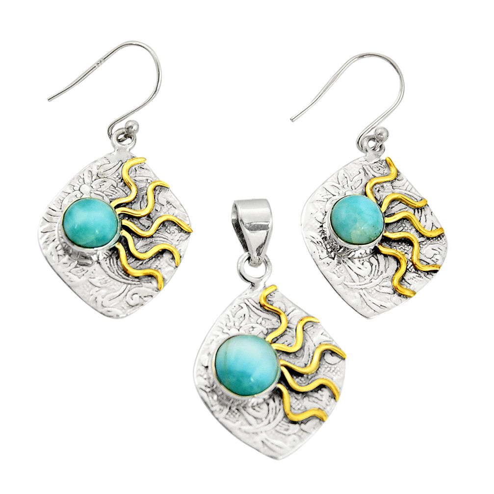 6.61cts victorian natural larimar silver two tone pendant earrings set r20964