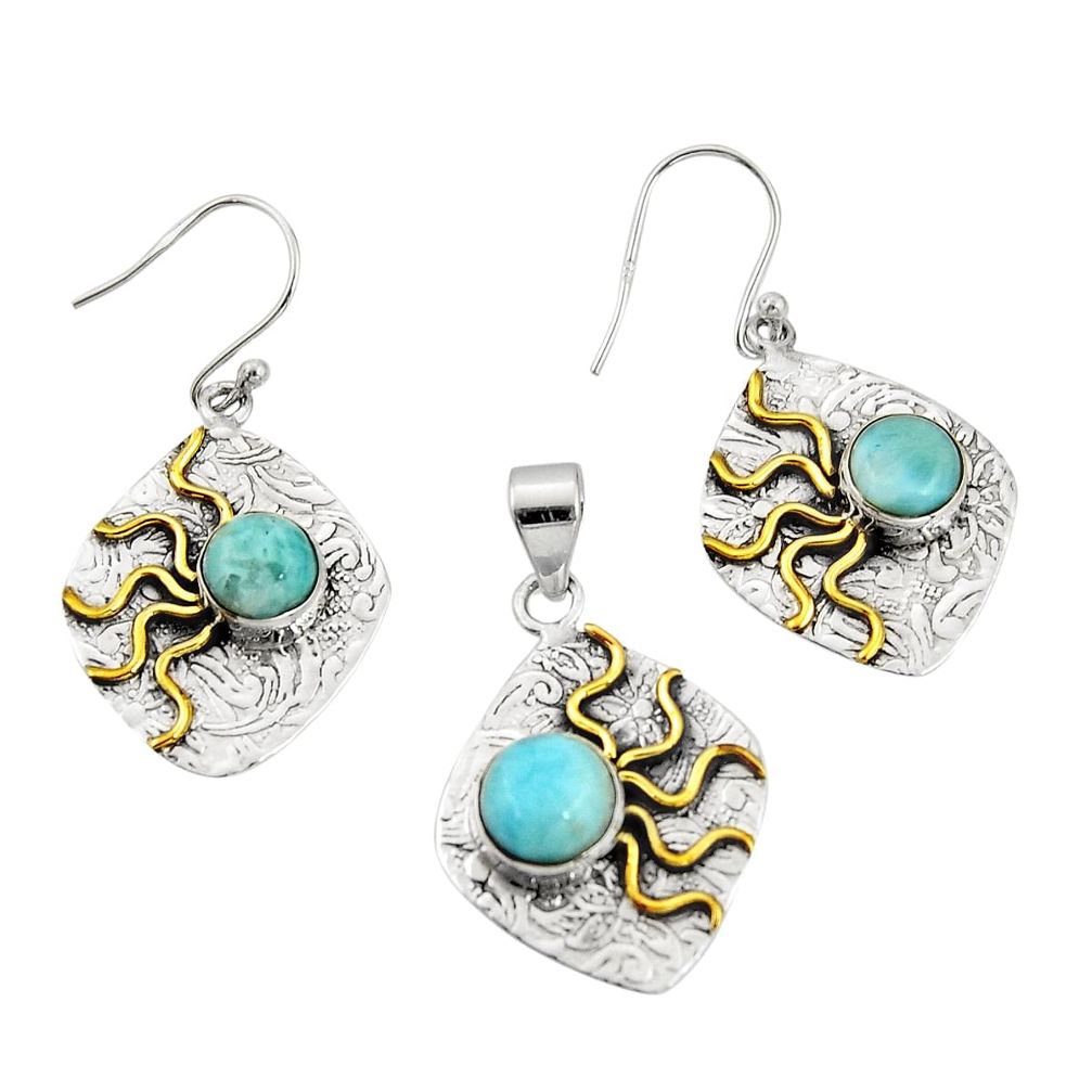 6.78cts victorian natural larimar silver two tone pendant earrings set r20965