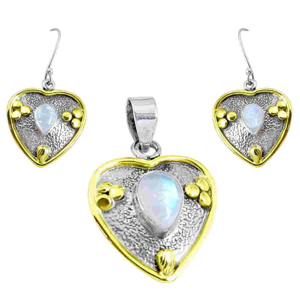 Victorian natural rainbow moonstone silver two tone pendant earrings set p44629