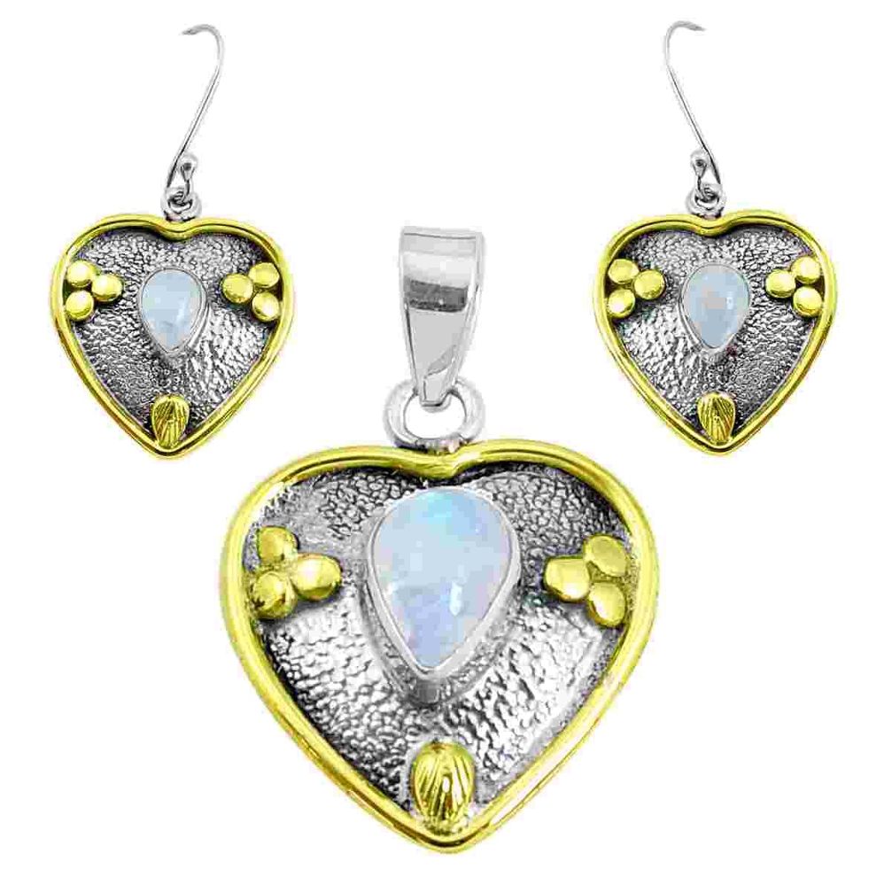 Victorian natural rainbow moonstone silver two tone pendant earrings set p44633