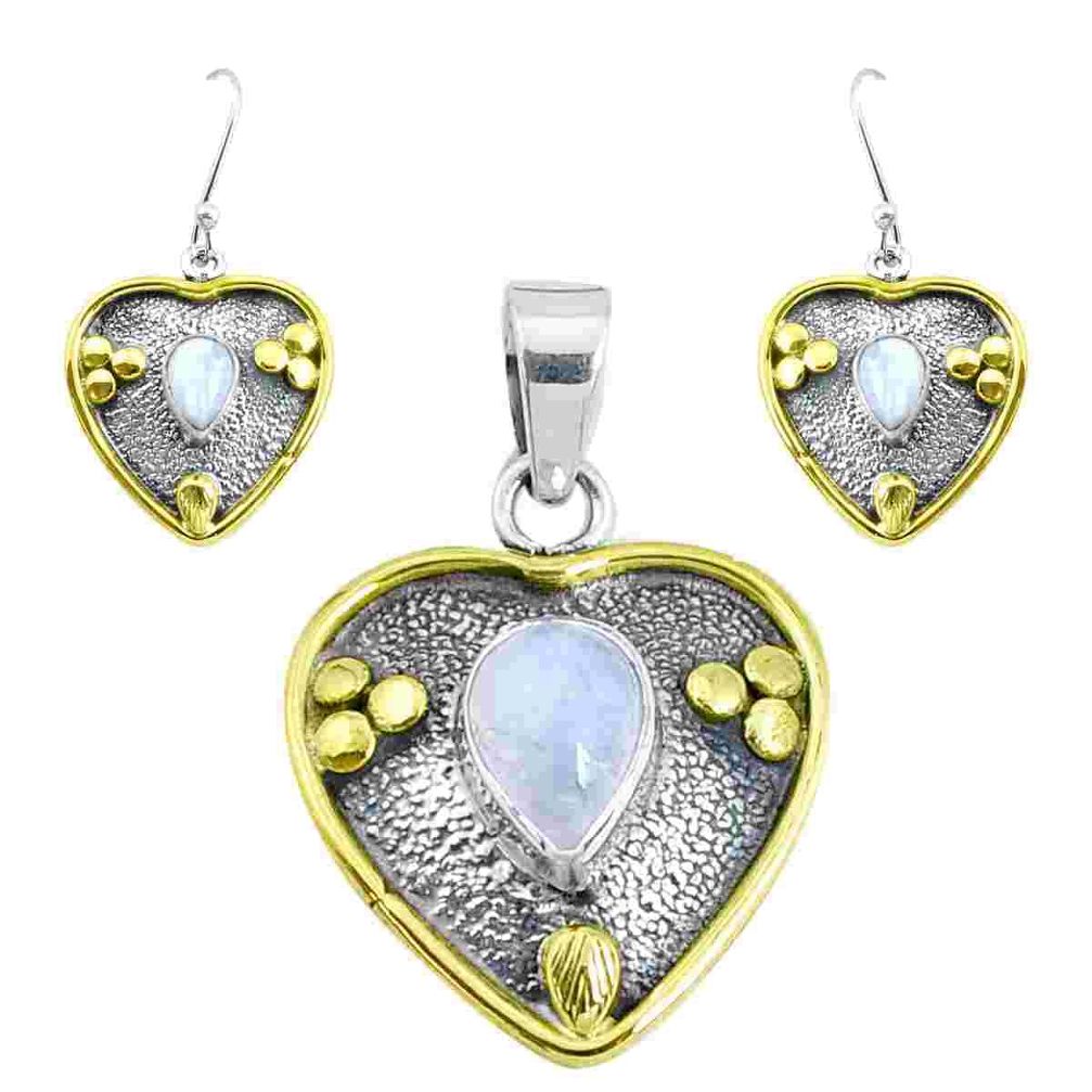 Victorian natural rainbow moonstone silver two tone pendant earrings set p44634