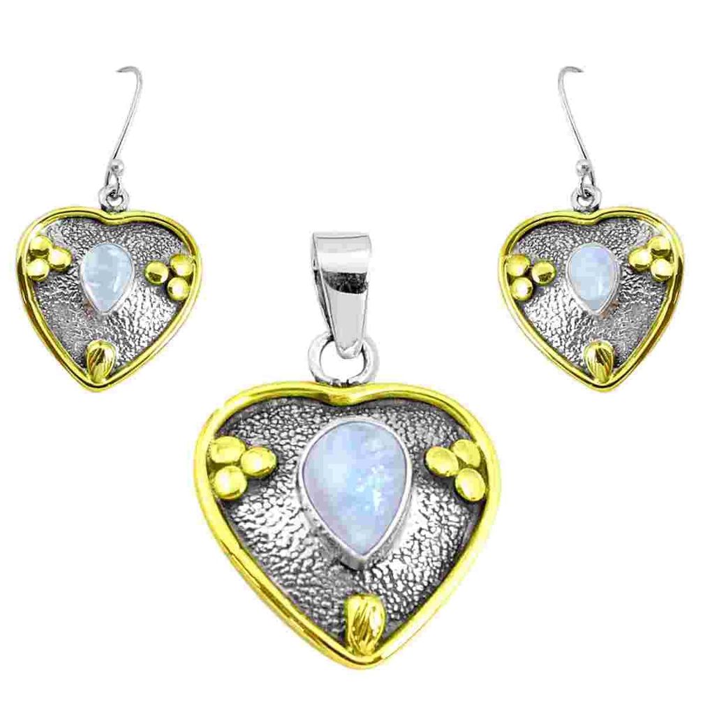 Victorian natural rainbow moonstone silver two tone pendant earrings set p44635