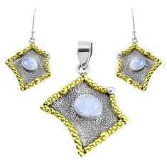 Clearance Sale- Victorian natural rainbow moonstone silver two tone pendant earrings set p44696