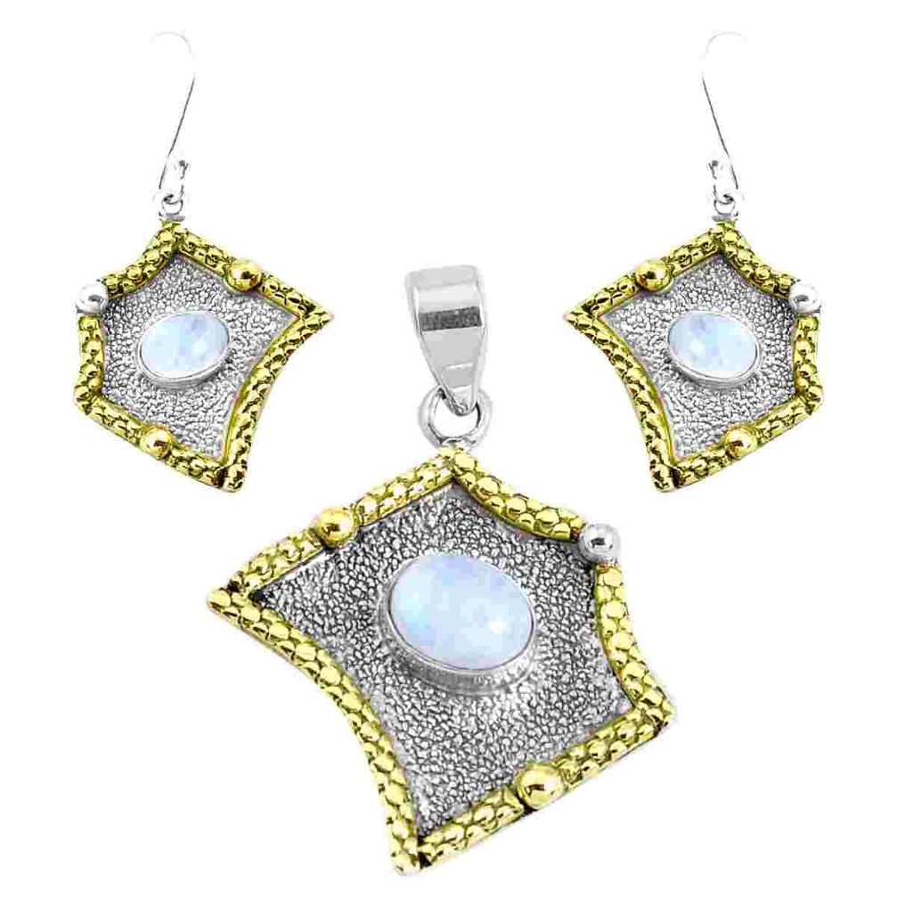 Victorian natural rainbow moonstone silver two tone pendant earrings set p44700