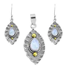 Clearance Sale- Victorian natural rainbow moonstone silver two tone pendant earrings set p44720