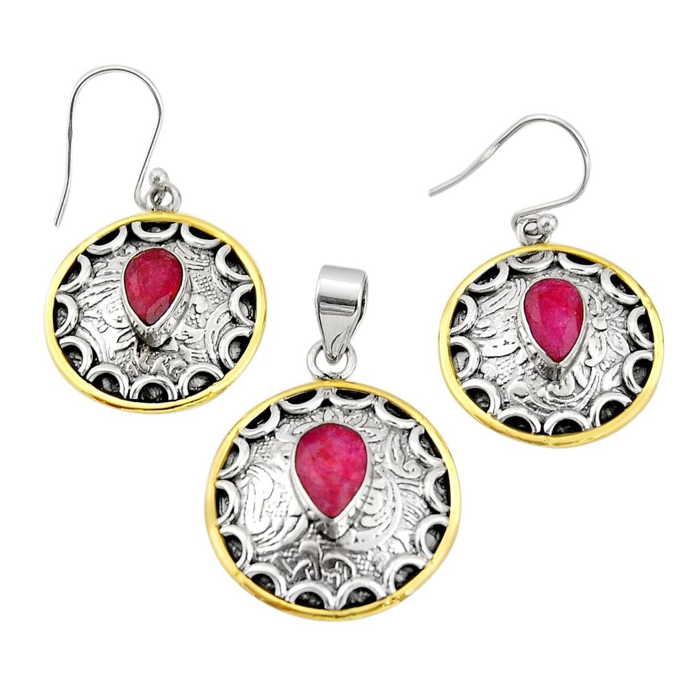 6.32cts victorian natural red ruby silver two tone pendant earrings set r20995