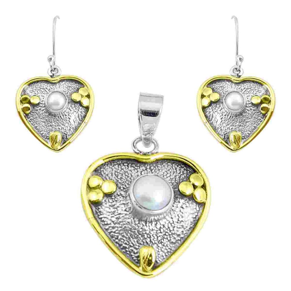 Victorian natural white pearl 925 silver two tone pendant earrings set p44627