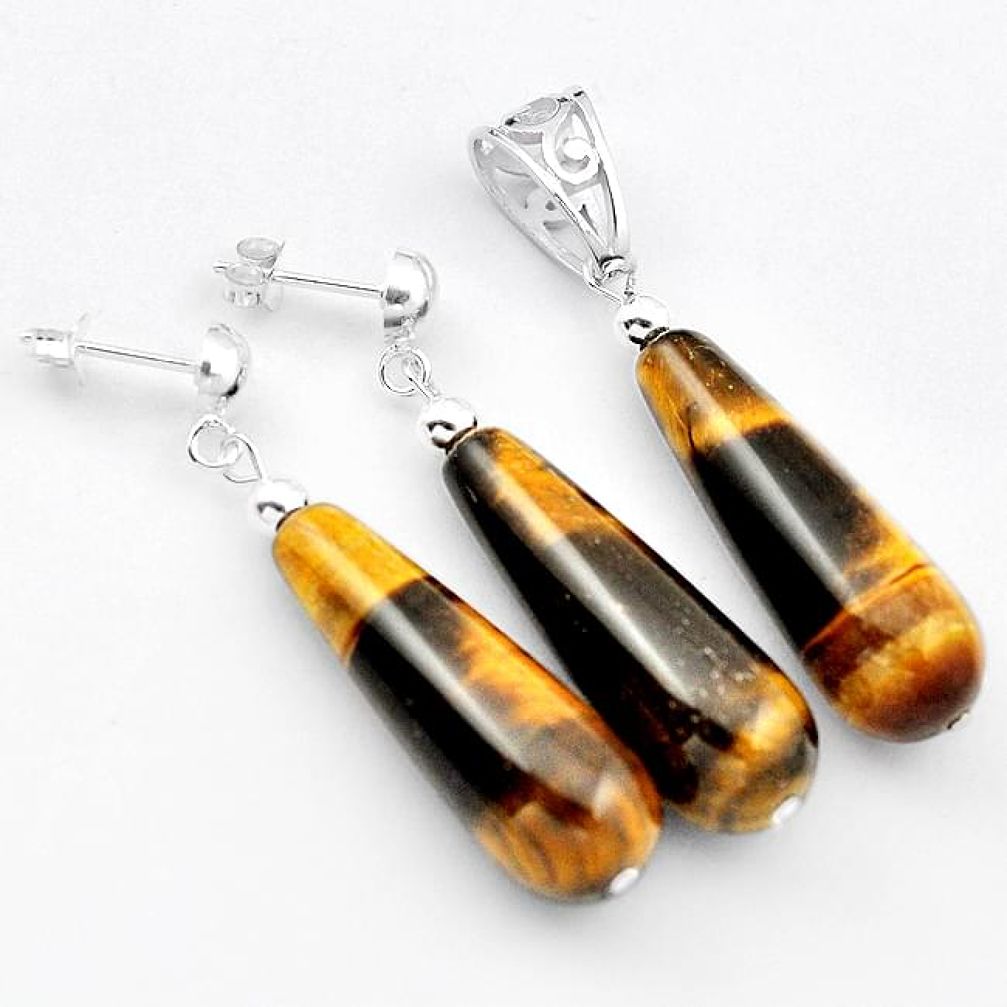 LUXURY BROWN TIGERS EYE DROP 925 STERLING SILVER PENDANT EARRINGS SET H41941