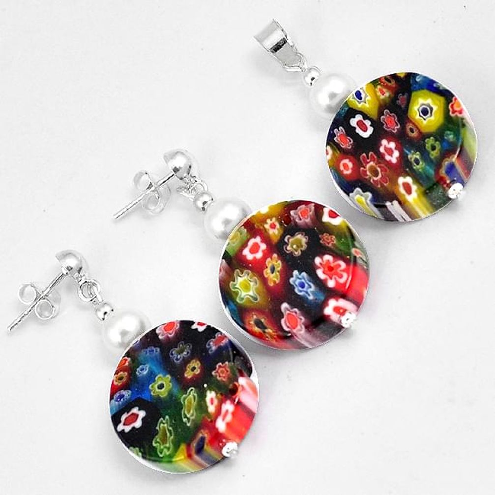 Multi color italian murano flower glass 925 silver pendant earrings set h46089