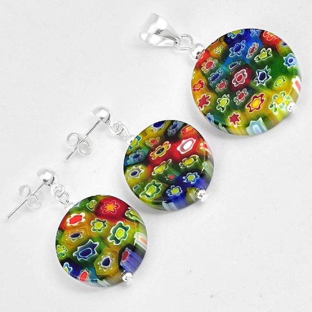Multi color italian murano flower glass 925 silver pendant earrings set h46092