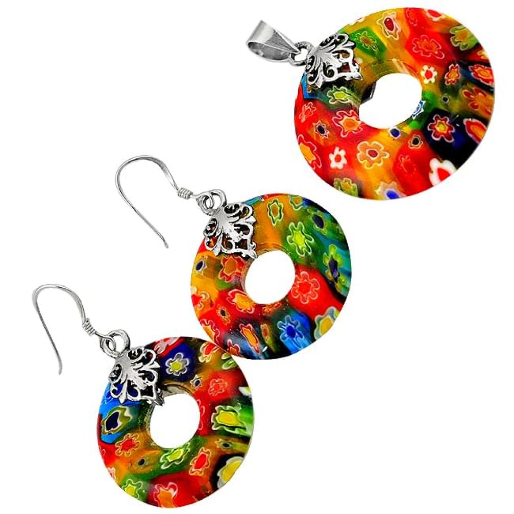 MULTI COLOR ITALIAN MURANO GLASS 925 SILVER DONUT PENDANT EARRINGS SET H29876