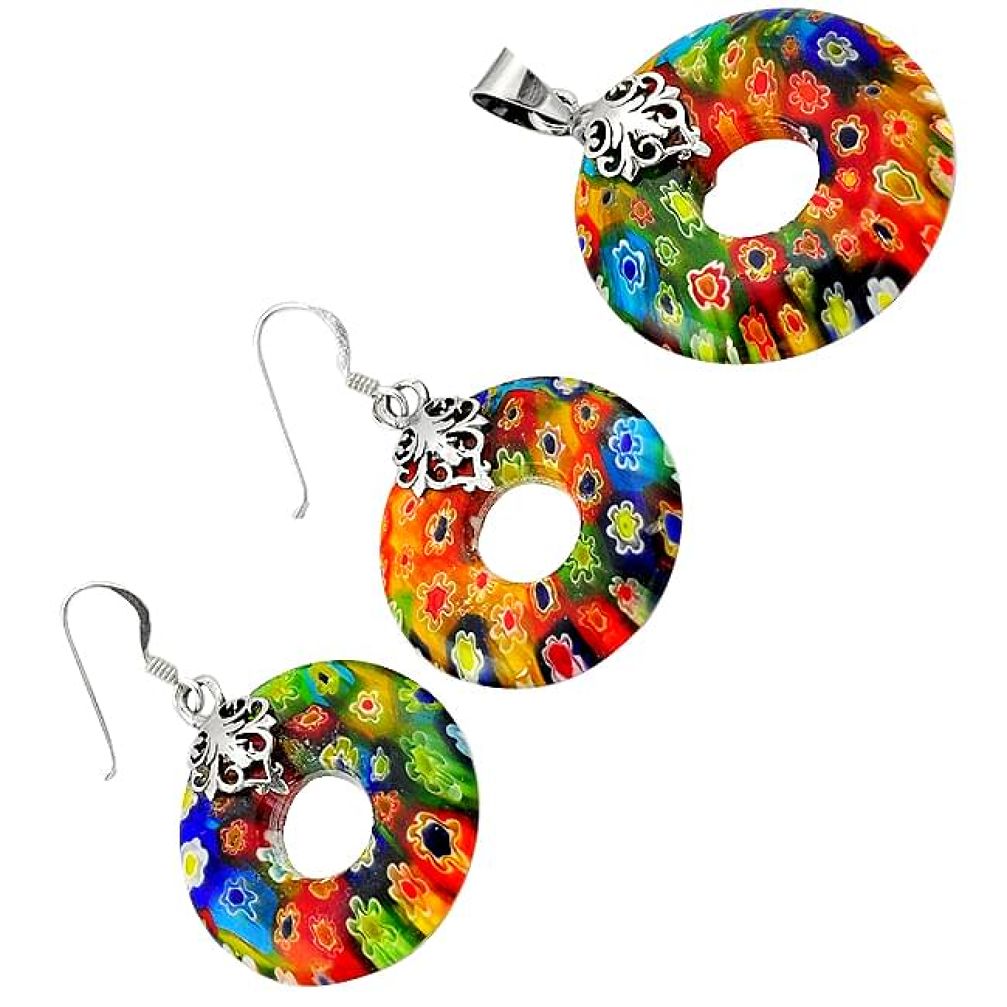 MULTI COLOR ITALIAN MURANO GLASS 925 SILVER DONUT PENDANT EARRINGS SET H29878