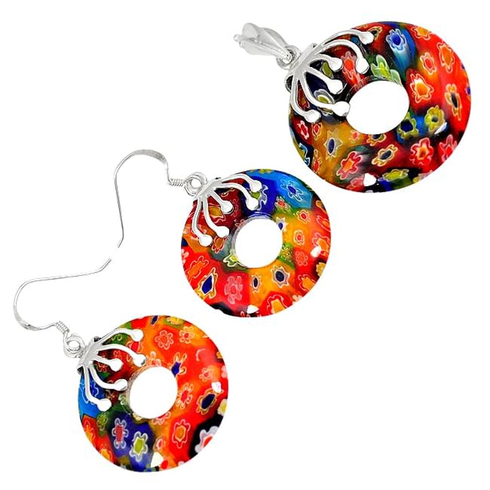 MULTI COLOR ITALIAN MURANO GLASS 925 SILVER DONUT PENDANT EARRINGS SET H29883