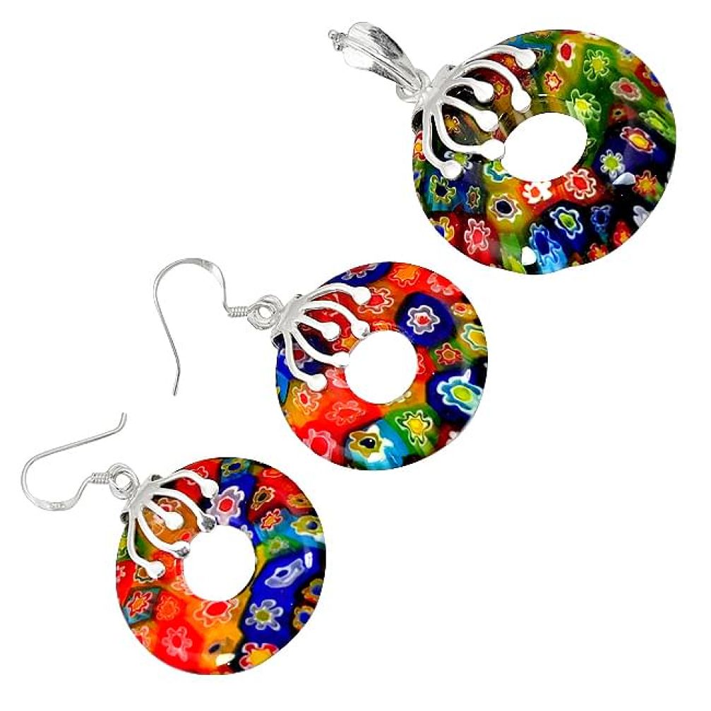 MULTI COLOR ITALIAN MURANO GLASS 925 SILVER DONUT PENDANT EARRINGS SET H29884