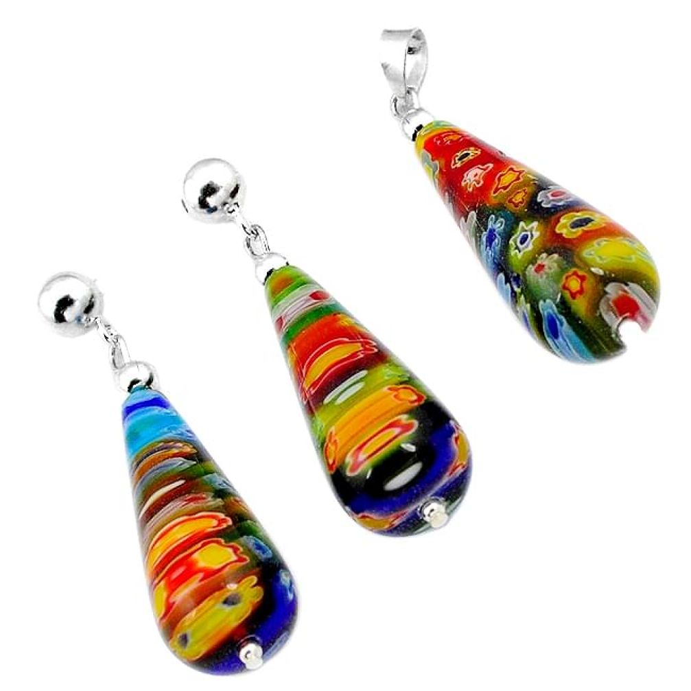 MULTI COLOR ITALIAN MURANO GLASS 925 SILVER DROP PENDANT EARRINGS SET H29918