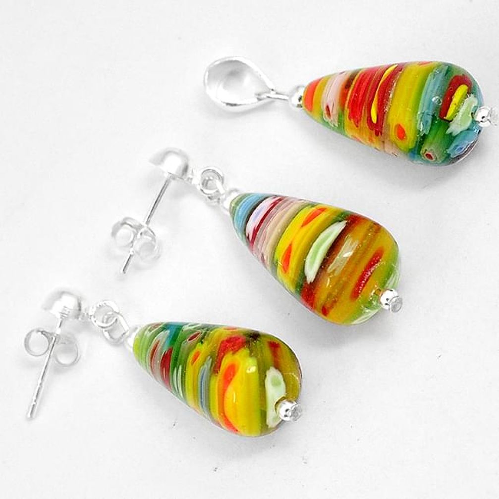 Multi color italian murano glass 925 silver drop pendant earrings set h46093