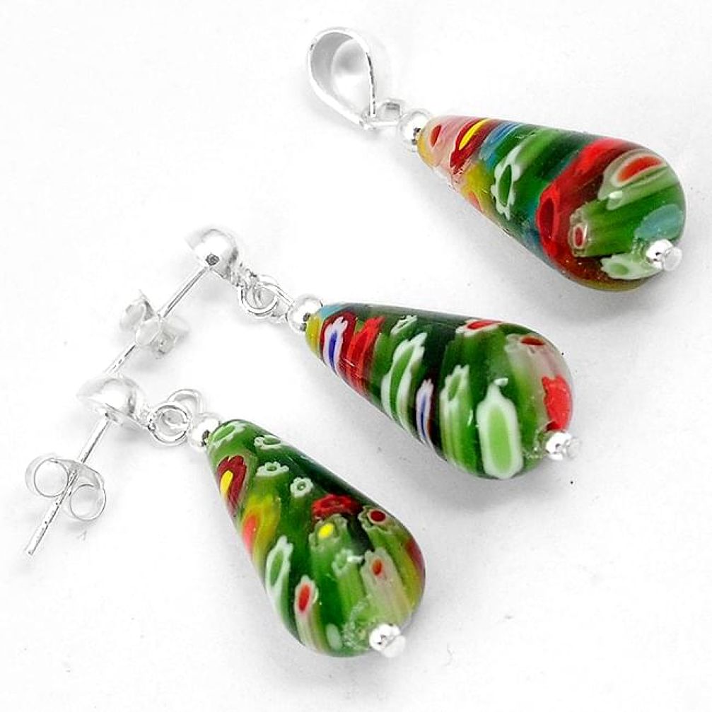 Multi color italian murano glass 925 silver drop pendant earrings set h46094