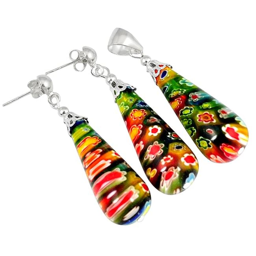 MULTI COLOR ITALIAN MURANO GLASS 925 SILVER PENDANT EARRINGS SET JEWELRY H29900