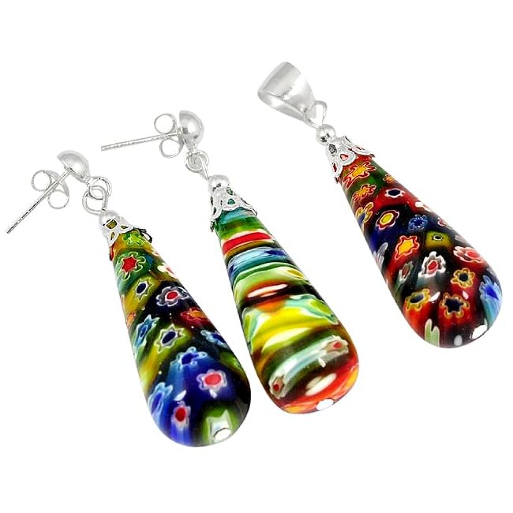 MULTI COLOR ITALIAN MURANO GLASS 925 STERLING SILVER PENDANT EARRINGS SET H29899