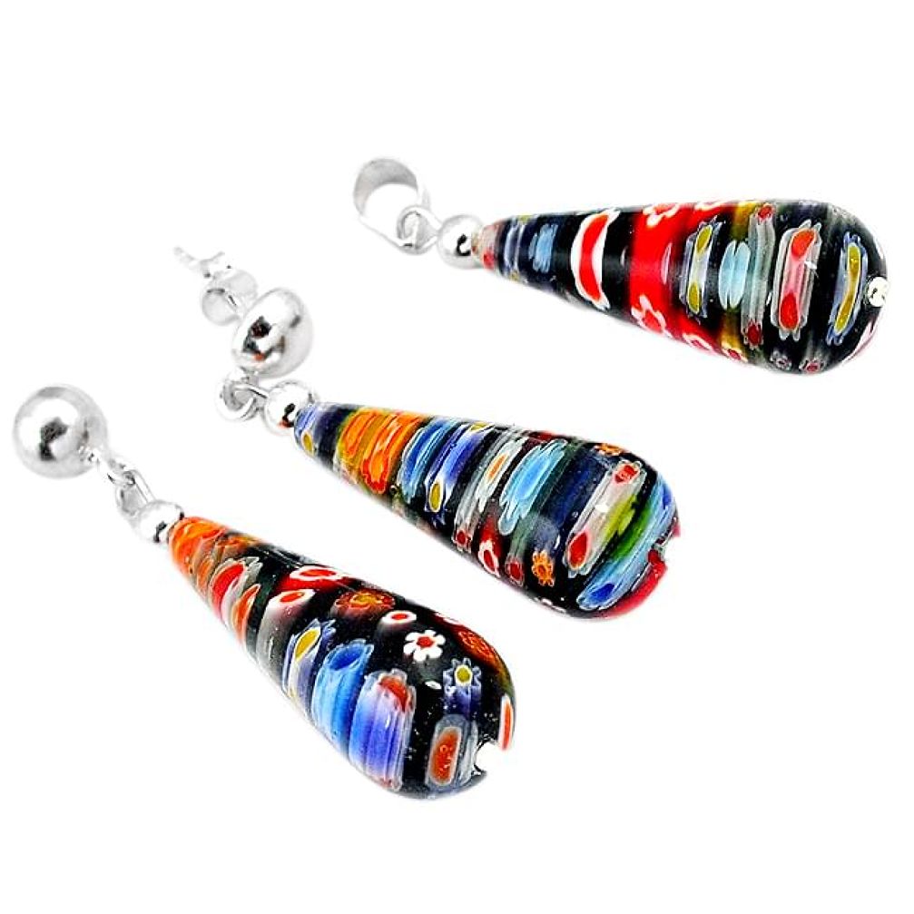 MULTI COLOR ITALIAN MURANO GLASS DROP 925 SILVER PENDANT EARRINGS SET H29917