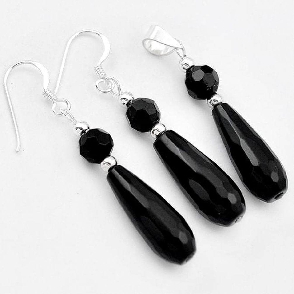 Natural black onyx 925 sterling silver drop pendant earrings jewelry set h46129