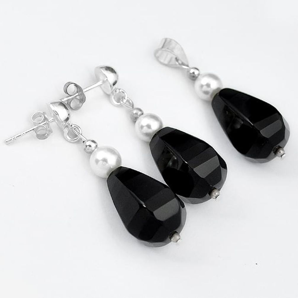 Natural black onyx pearl 925 sterling silver drop pendant earrings set h46139