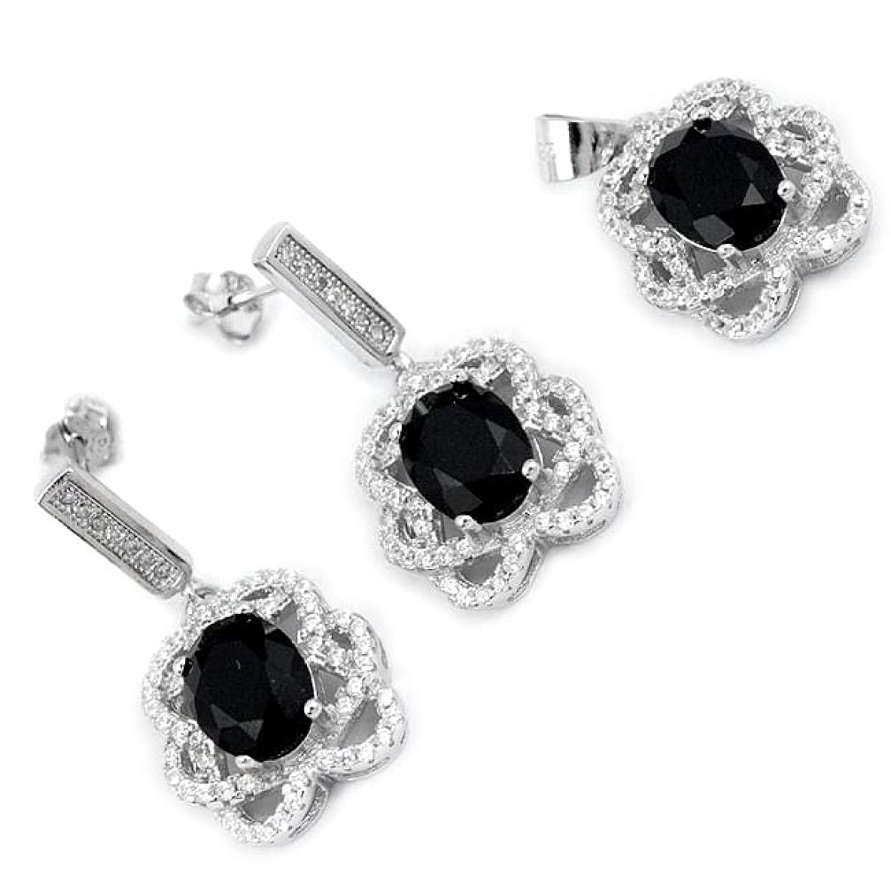 Natural black onyx white topaz 925 silver pendant earrings jewelry set h45312
