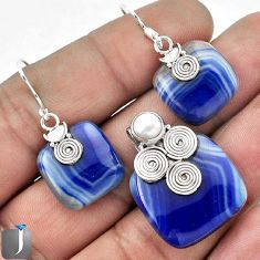 40.22cts NATURAL BLUE BOTSWANA AGATE 925 SILVER PENDANT EARRINGS SET F36646