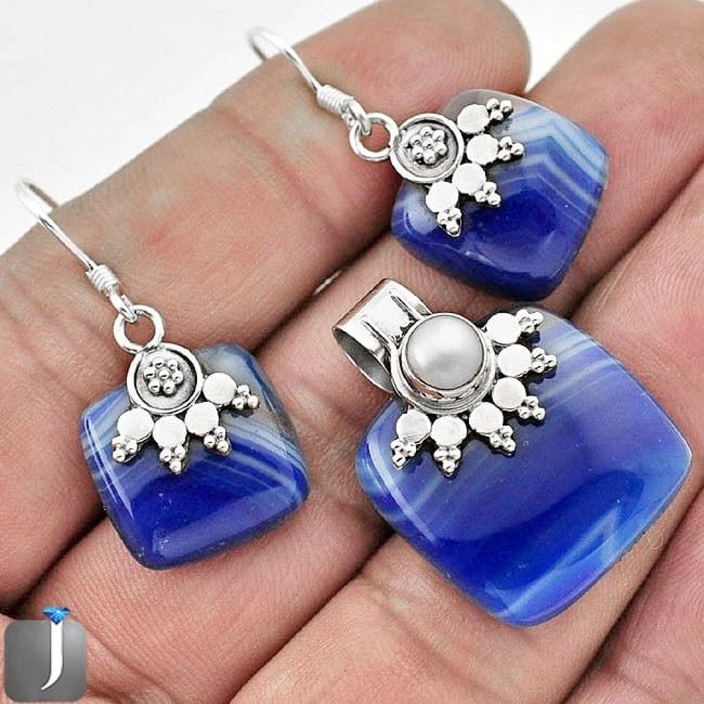 41.66cts NATURAL BLUE BOTSWANA AGATE 925 SILVER PENDANT EARRINGS SET F36651