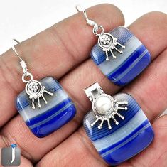 44.45cts NATURAL BLUE BOTSWANA AGATE 925 SILVER PENDANT EARRINGS SET F36655