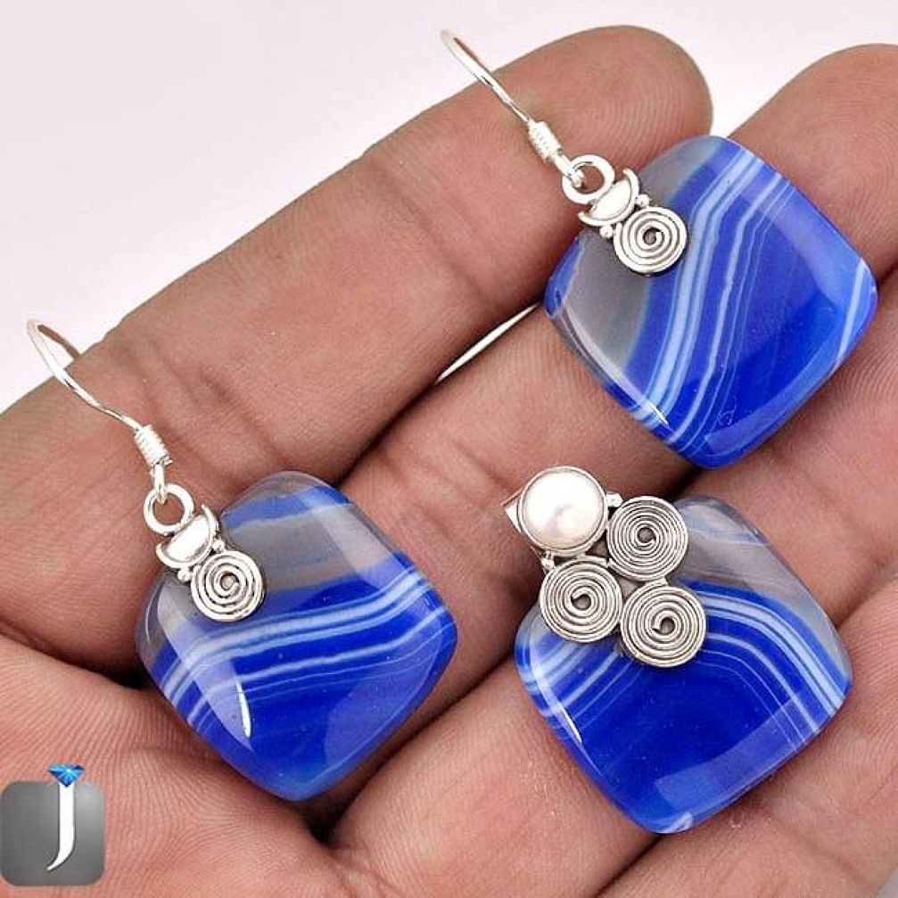 50.17cts NATURAL BLUE BOTSWANA AGATE 925 SILVER PENDANT EARRINGS SET F89957