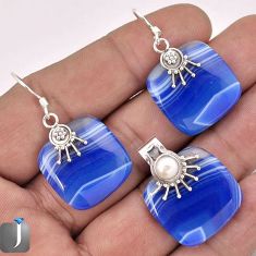 42.85cts NATURAL BLUE BOTSWANA AGATE 925 SILVER PENDANT EARRINGS SET F89959