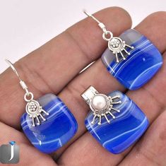 49.51cts NATURAL BLUE BOTSWANA AGATE 925 SILVER PENDANT EARRINGS SET F89960