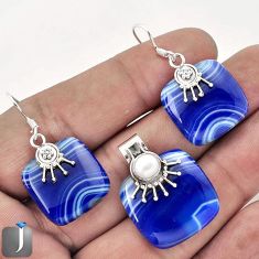 NATURAL BLUE BOTSWANA AGATE PEARL 925 SILVER PENDANT EARRINGS SET JEWELRY F59014