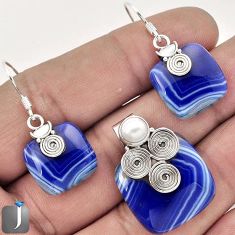 NATURAL BLUE BOTSWANA AGATE PEARL 925 SILVER PENDANT EARRINGS SET JEWELRY F59015
