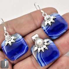 NATURAL BLUE BOTSWANA AGATE PEARL 925 SILVER PENDANT EARRINGS SET JEWELRY F59016