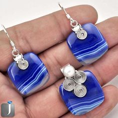 NATURAL BLUE BOTSWANA AGATE PEARL 925 SILVER PENDANT EARRINGS SET JEWELRY F59017