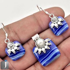 NATURAL BLUE BOTSWANA AGATE PEARL 925 SILVER PENDANT EARRINGS SET JEWELRY F59018