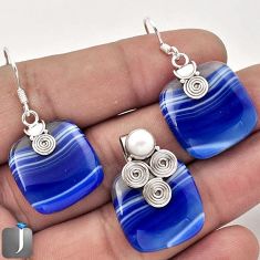 NATURAL BLUE BOTSWANA AGATE PEARL 925 SILVER PENDANT EARRINGS SET JEWELRY F59020