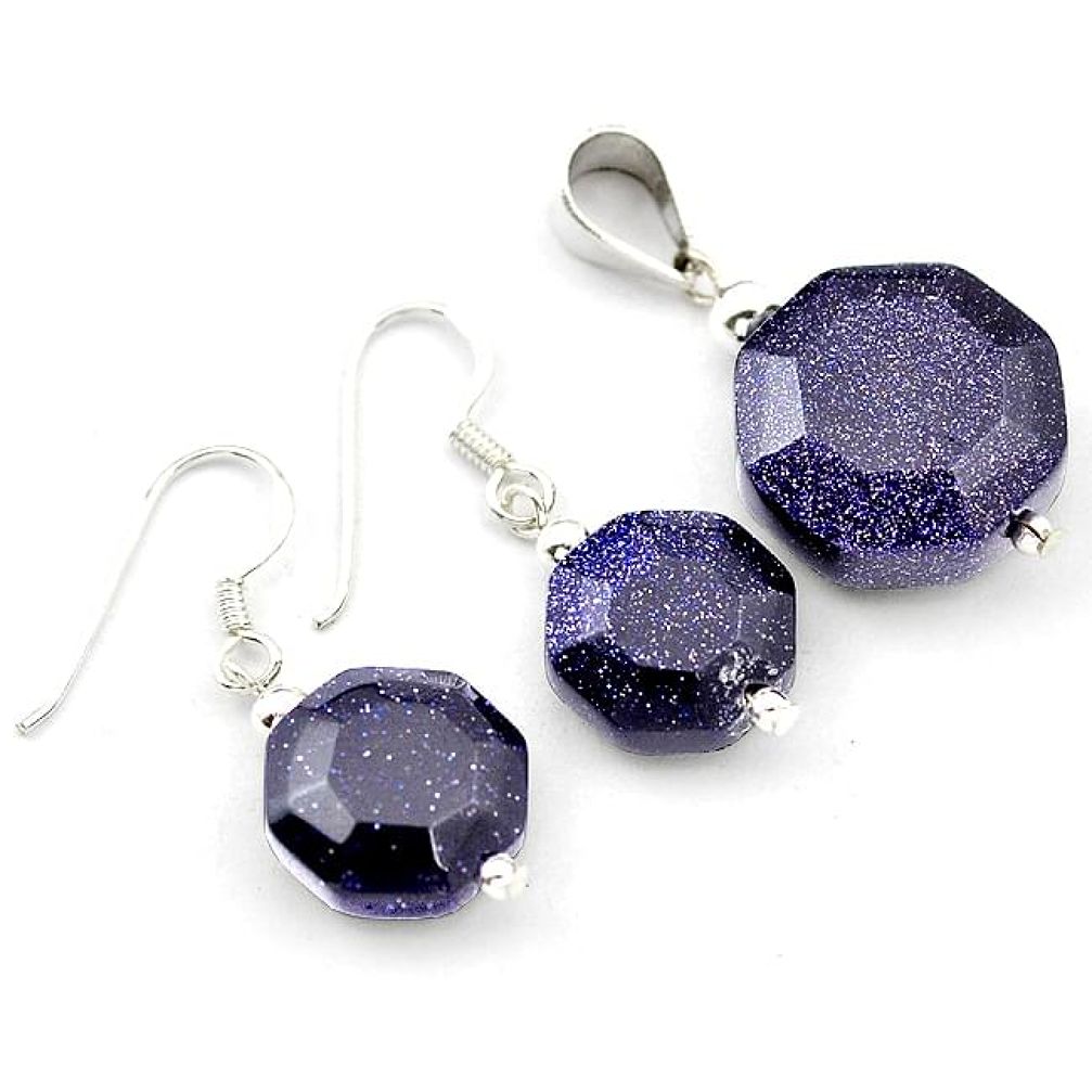 Natural blue goldstone round cut 925 sterling silver pendant earrings set h54116