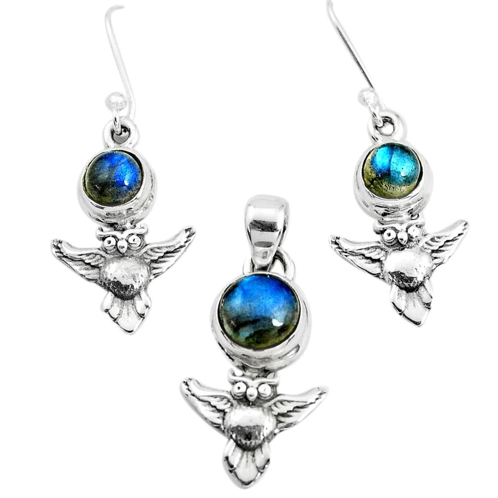 6.32cts natural blue labradorite 925 silver owl pendant earrings set p38529